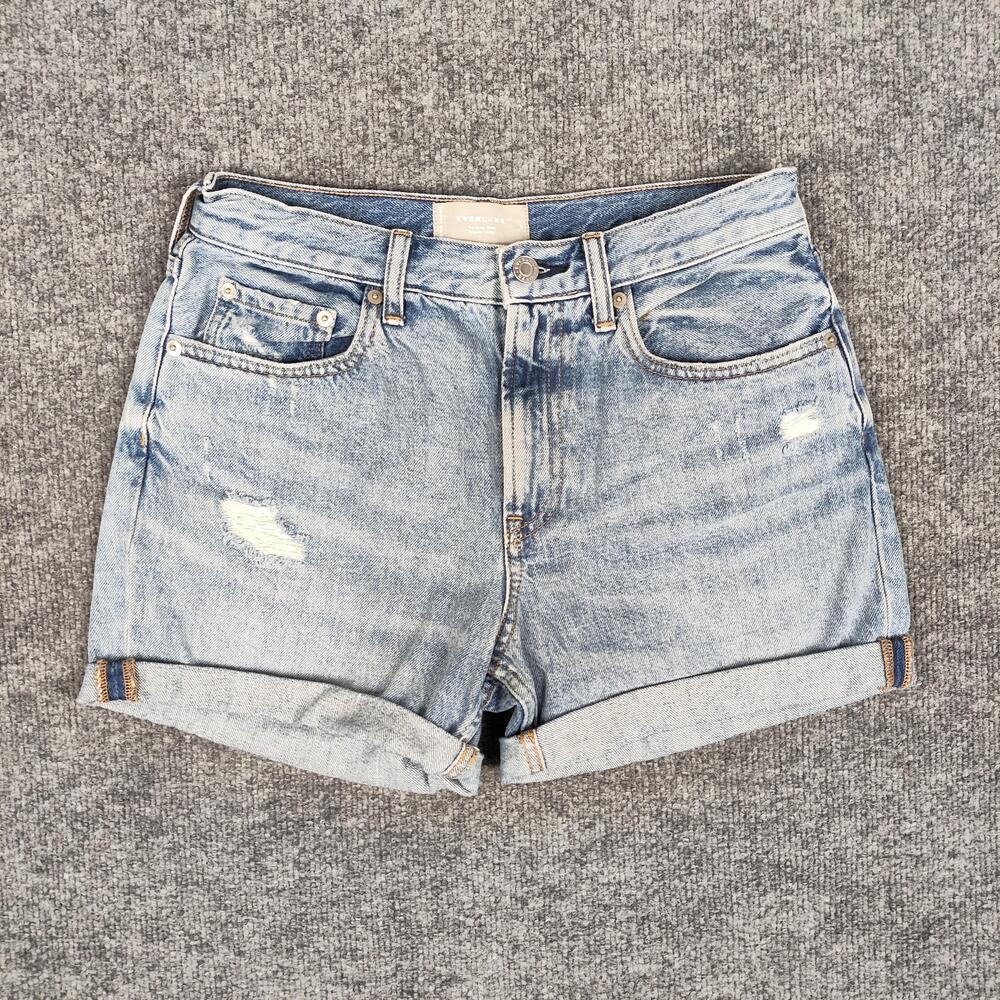 Everlane Denim Shorts Womens 28 Light Wash Mom High Rise Distressed Cuffed